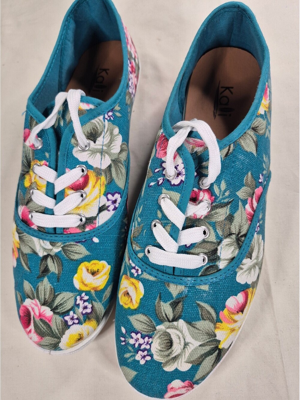 Kali Teal Blue Floral Canvas Lace-Up Sneakers with White Laces